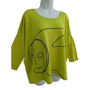 Babette Chartreuse Oversized Knit Sweater Black Abstract Art Face Lagenlook 2 M